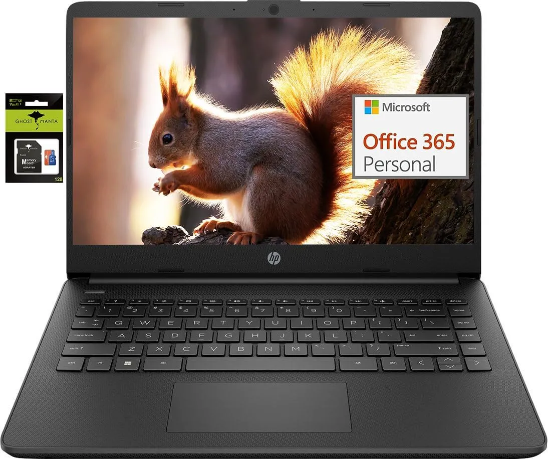 HP 14 Premium HD Portable Laptop Computer Students Business, Quad-Core Intel Celeron Processor, 16GB RAM, 256GB Storage(128GB eMMC 128GB Ghost Manta SD Card), 1 Year Office 365, HDMI, Win 11