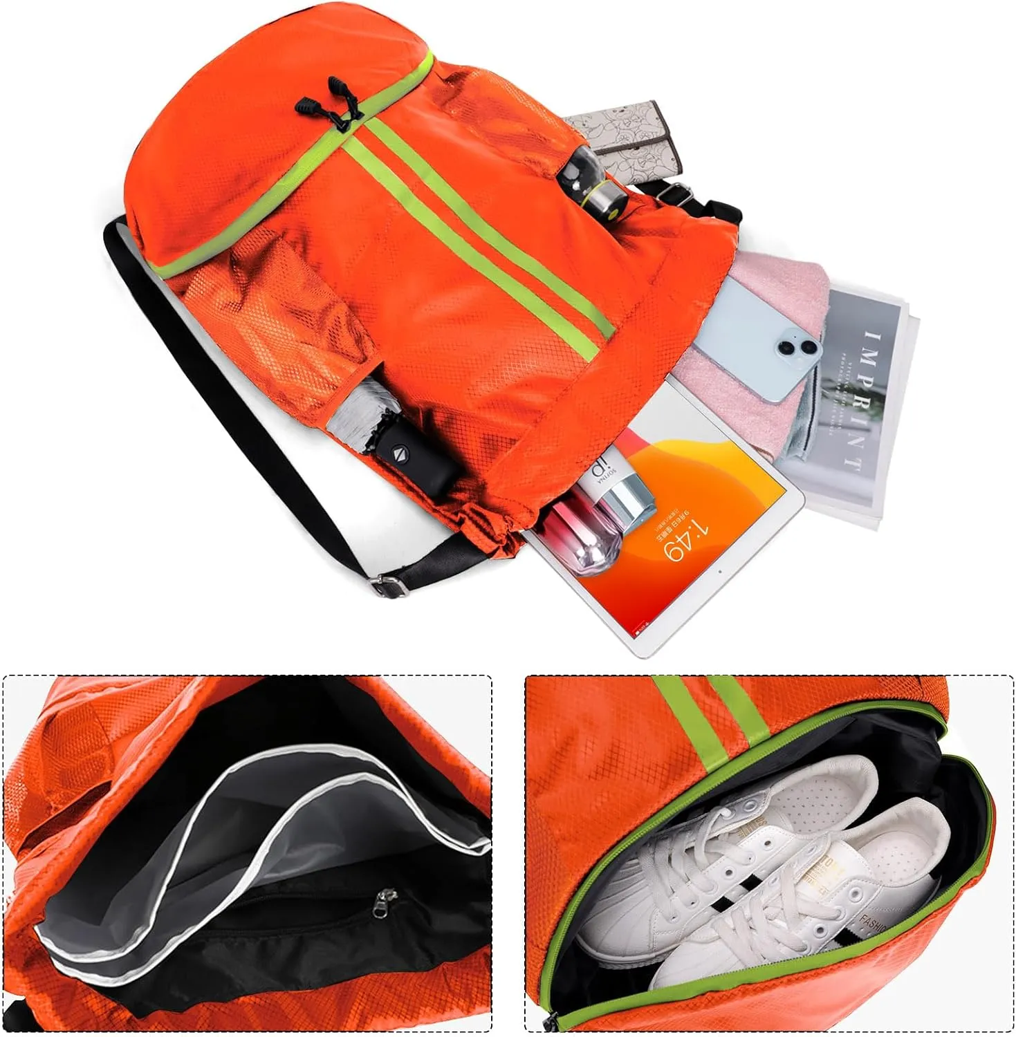 HUA ANGEL Waterproof Drawstring Backpack Lightweight Nylon Gym Bag with Shoe Compartment for Travel Swimming Sports Outdoor
