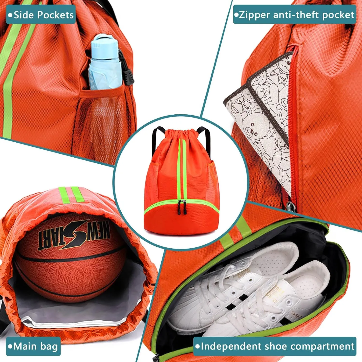 HUA ANGEL Waterproof Drawstring Backpack Lightweight Nylon Gym Bag with Shoe Compartment for Travel Swimming Sports Outdoor