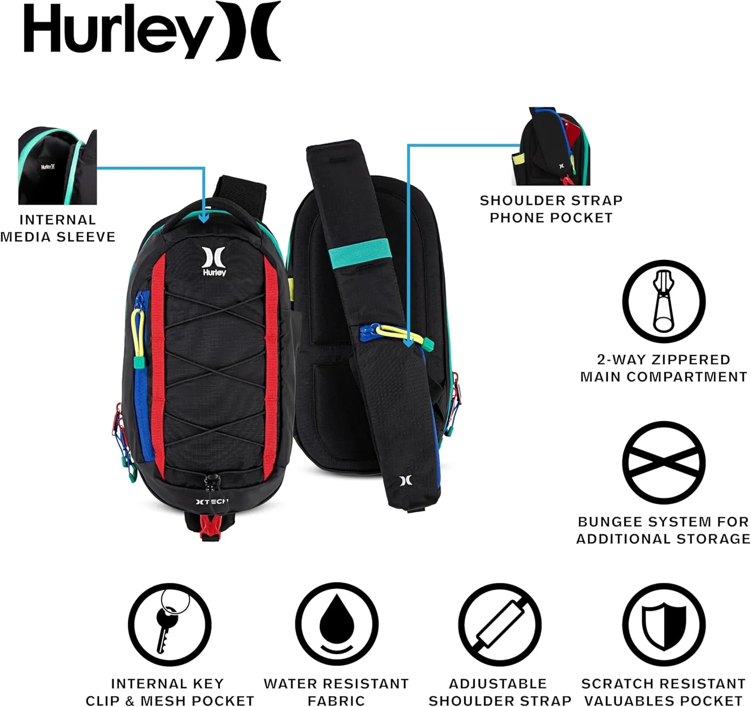 Hurley Men's Crossbody Sling Bag, Black, One Size
