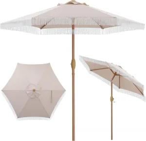 HYD-Parts 7.5Ft Patio Umbrella with Fringe Outdoor Tassel Umbrella w/Easy Crank for Yard, Poolside, Deck, Beach