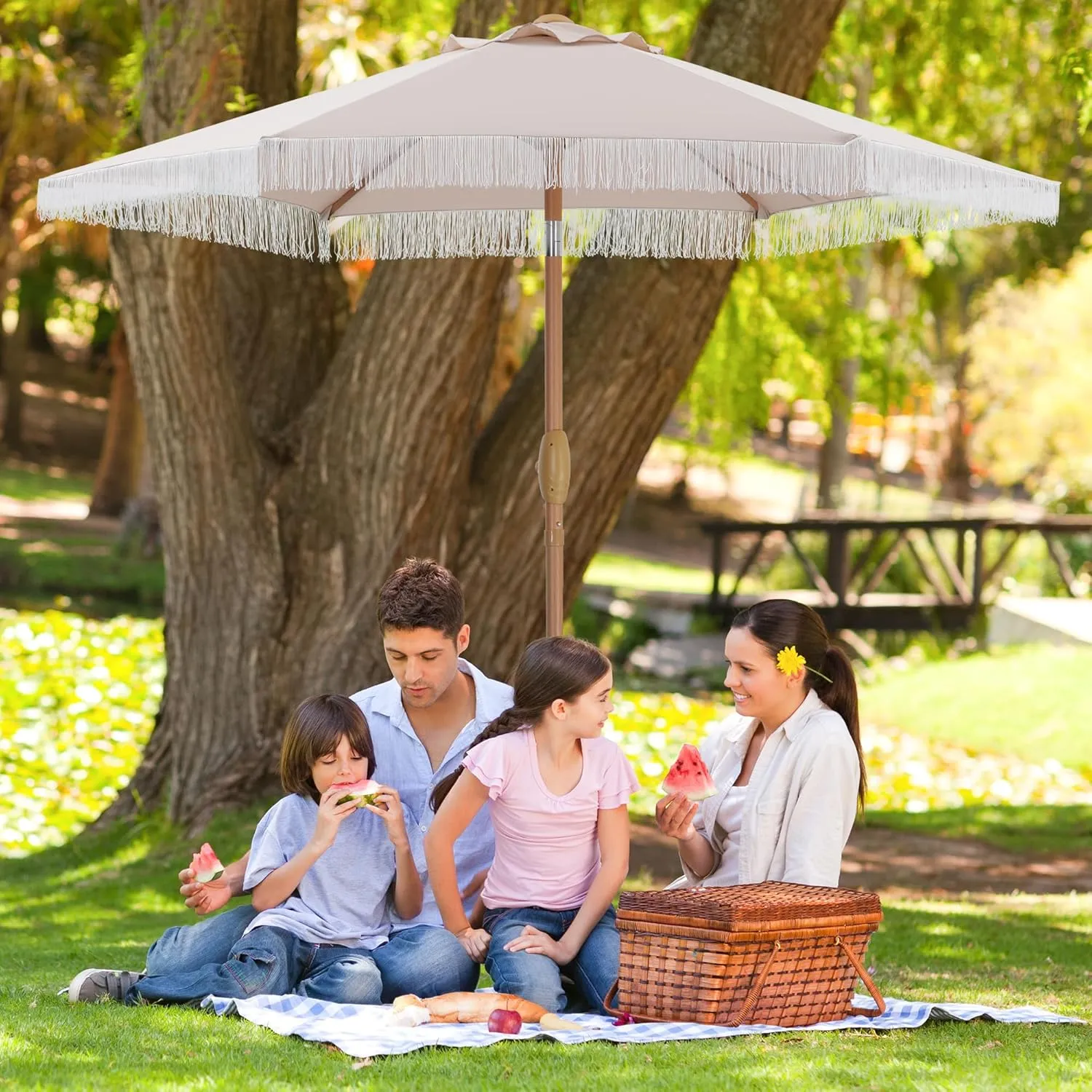 HYD-Parts 7.5Ft Patio Umbrella with Fringe Outdoor Tassel Umbrella w/Easy Crank for Yard, Poolside, Deck, Beach