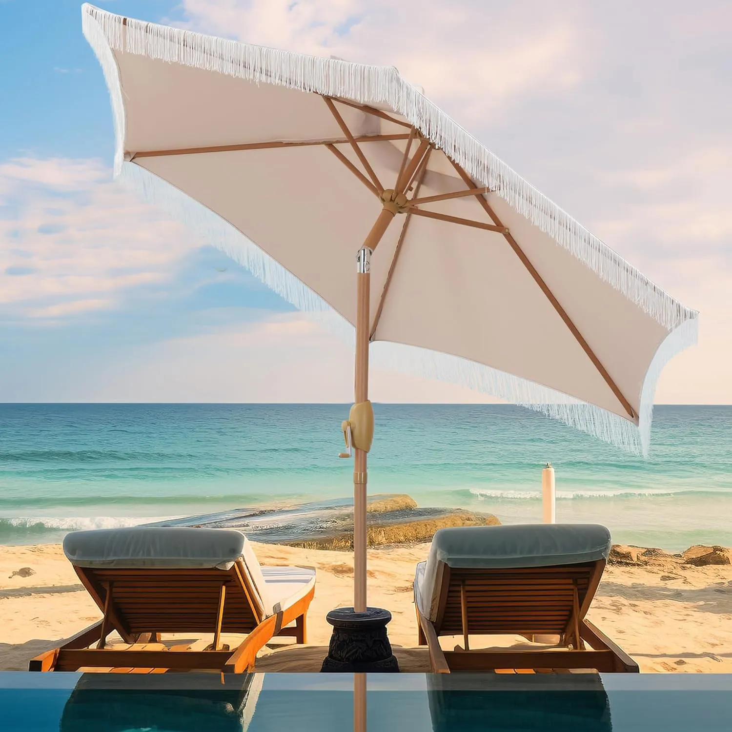 HYD-Parts 7.5Ft Patio Umbrella with Fringe Outdoor Tassel Umbrella w/Easy Crank for Yard, Poolside, Deck, Beach