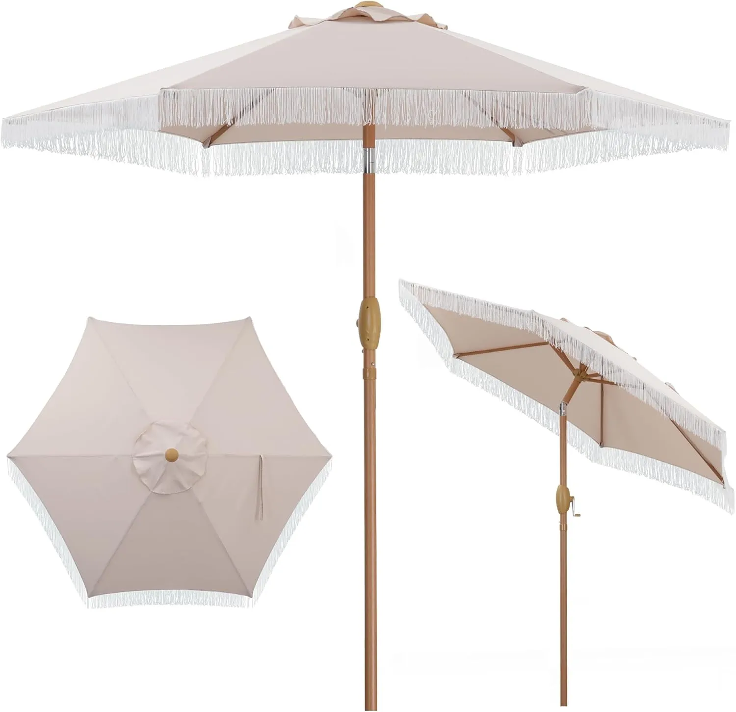 HYD-Parts 7.5Ft Patio Umbrella with Fringe Outdoor Tassel Umbrella w/Easy Crank for Yard, Poolside, Deck, Beach