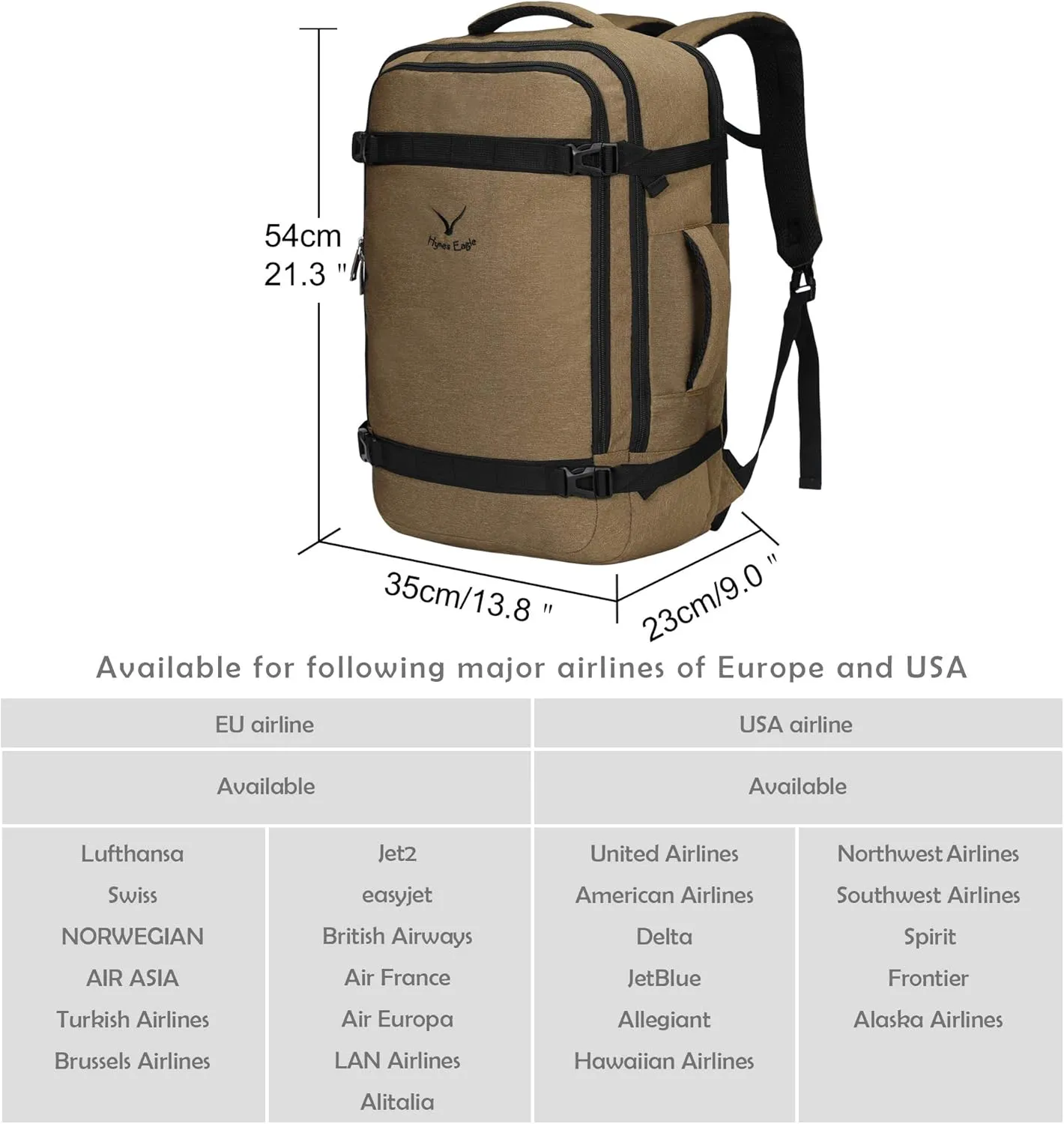 Hynes Eagle 44L Travel Backpack Airline Approved Carry on Backpack Weekender Bag for Women Men, Brown