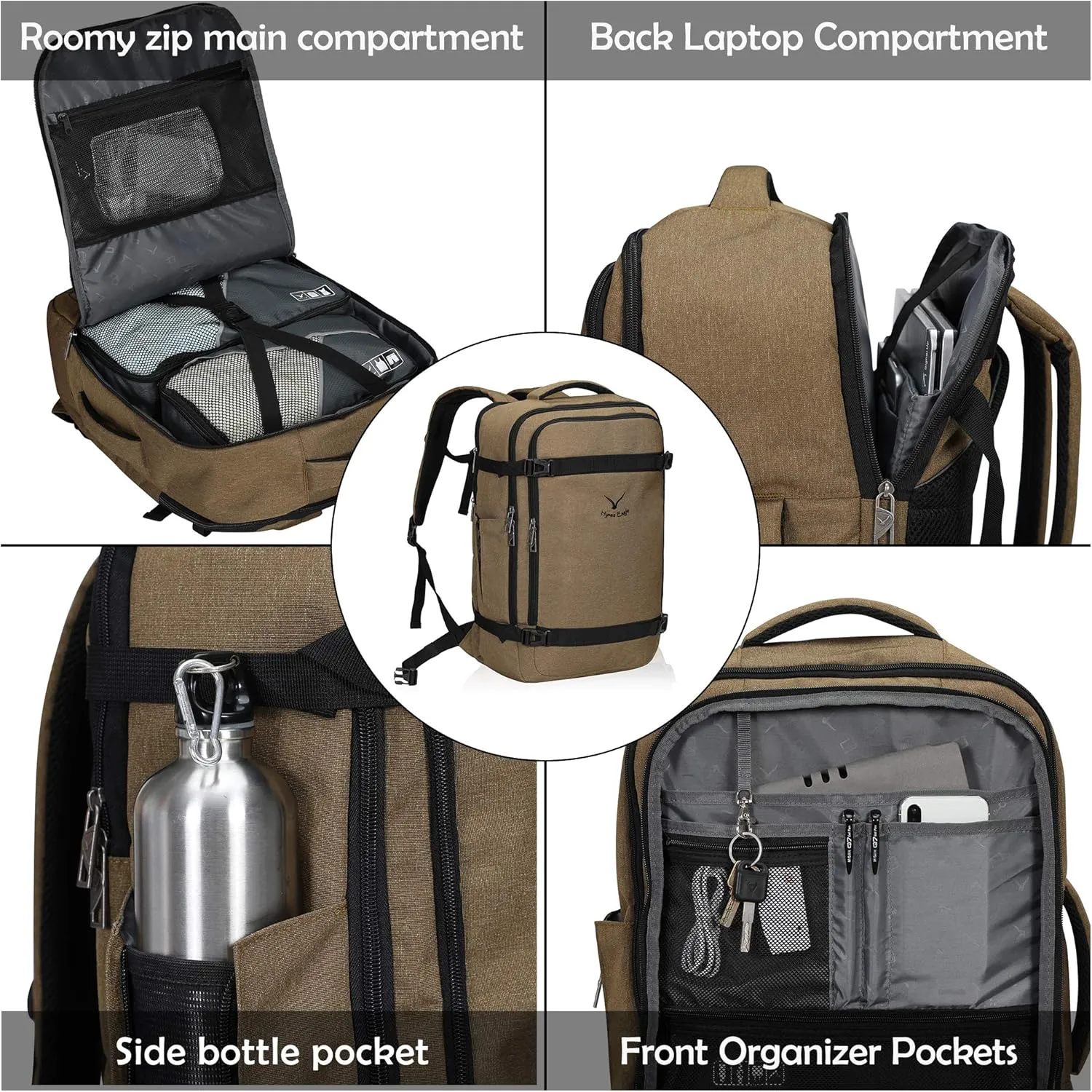 Hynes Eagle 44L Travel Backpack Airline Approved Carry on Backpack Weekender Bag for Women Men, Brown