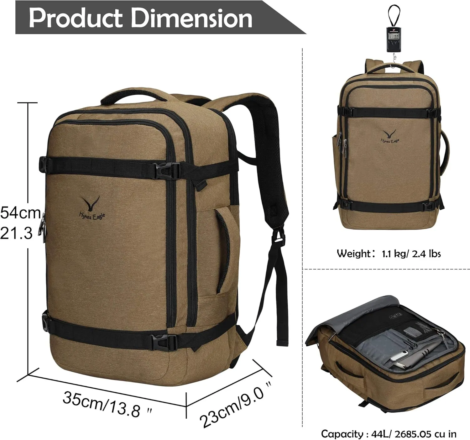 Hynes Eagle 44L Travel Backpack Airline Approved Carry on Backpack Weekender Bag for Women Men, Brown