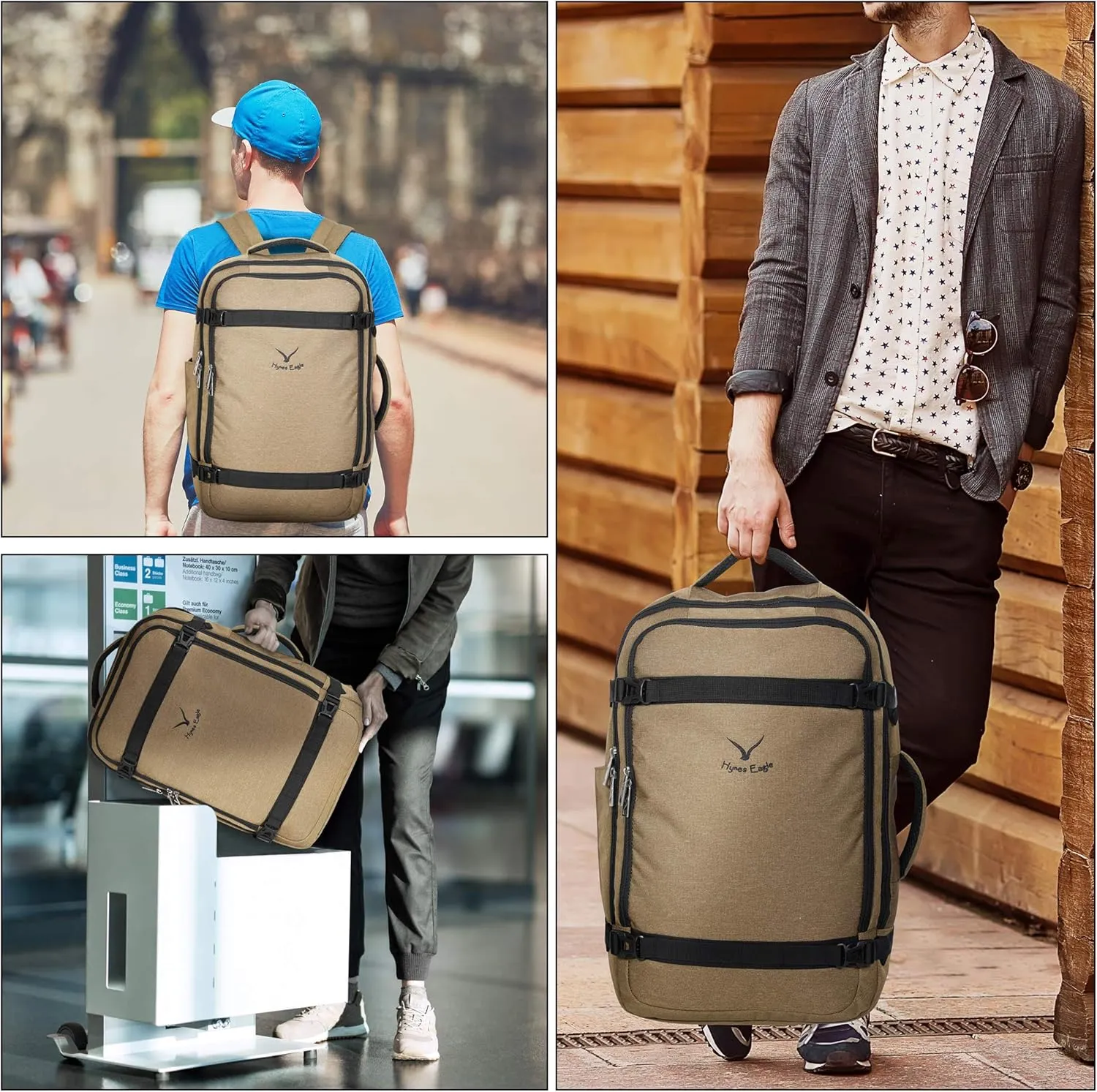 Hynes Eagle 44L Travel Backpack Airline Approved Carry on Backpack Weekender Bag for Women Men, Brown