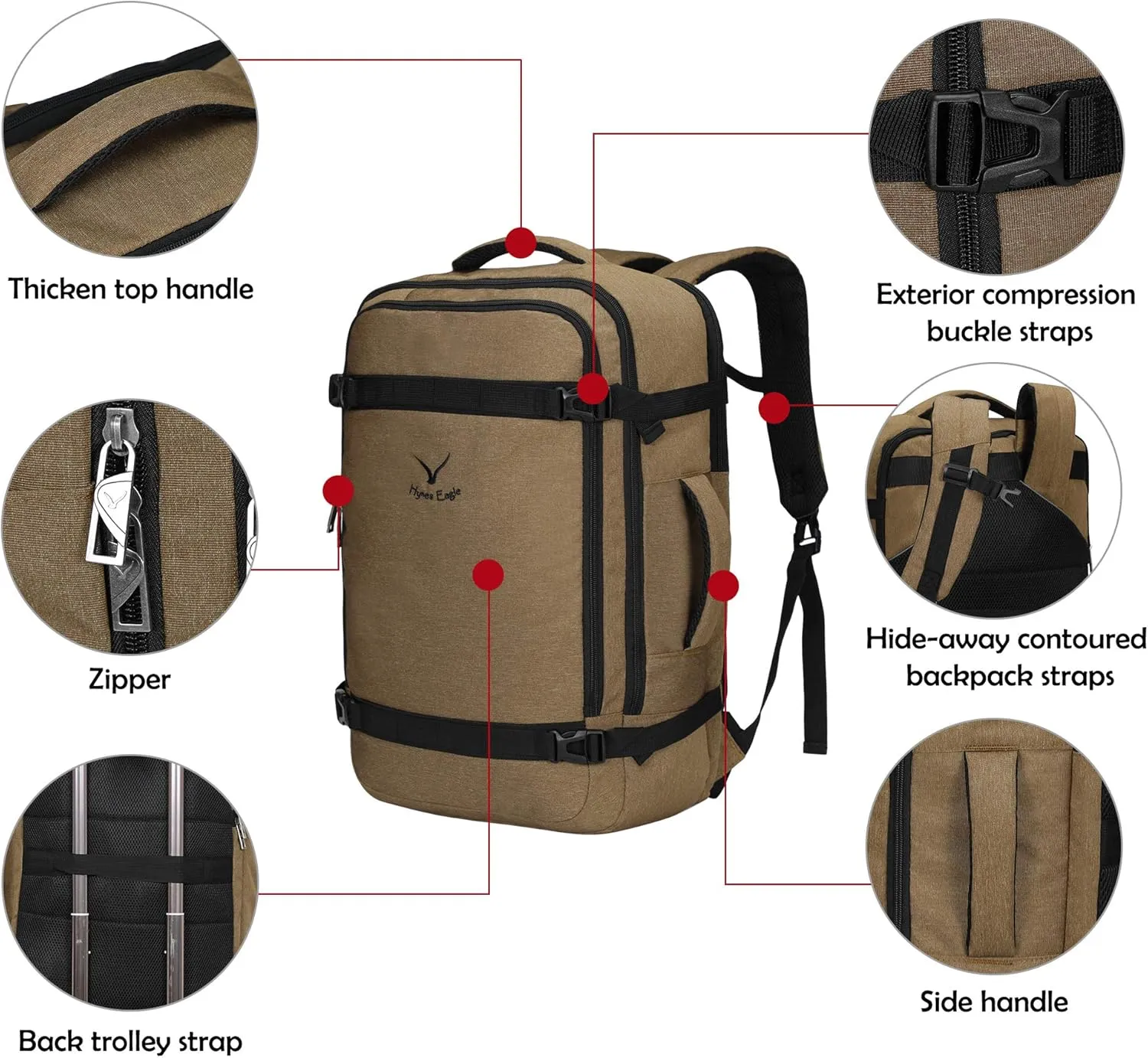 Hynes Eagle 44L Travel Backpack Airline Approved Carry on Backpack Weekender Bag for Women Men, Brown