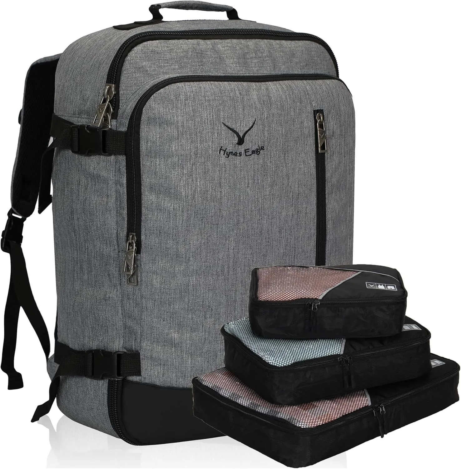 Hynes Eagle Carry on Backpack 38L Large Travel Backpack for Women Flight Approved Weekender Bag Laptop Backpack Men 15 inches Black Grey with 3PCS Packing Cubes Set Black