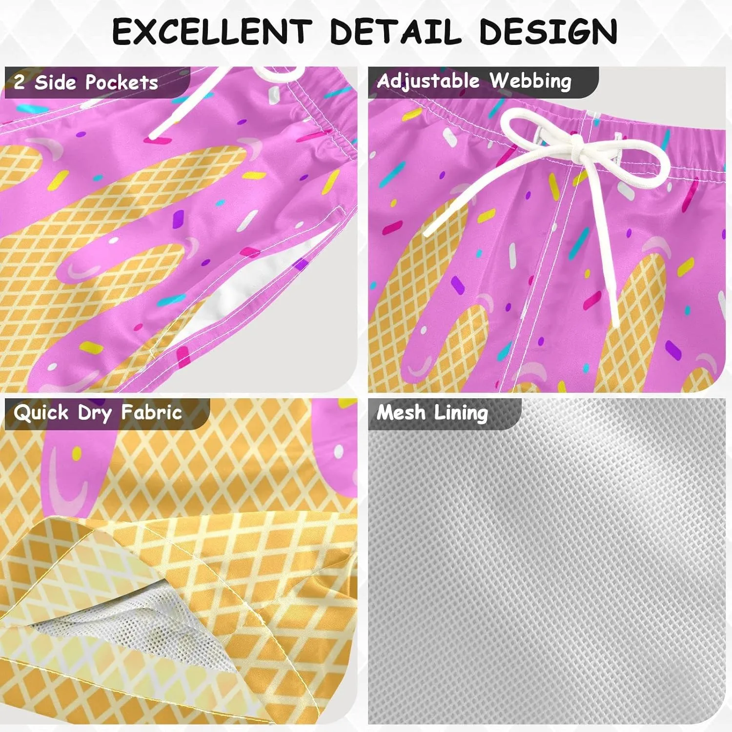 Ice Cream Boy Swim Trunks Waffle Or Cone Quick Dry Bathing Suit Swimsuit,Toddler Beach Board Shorts 2-16Years