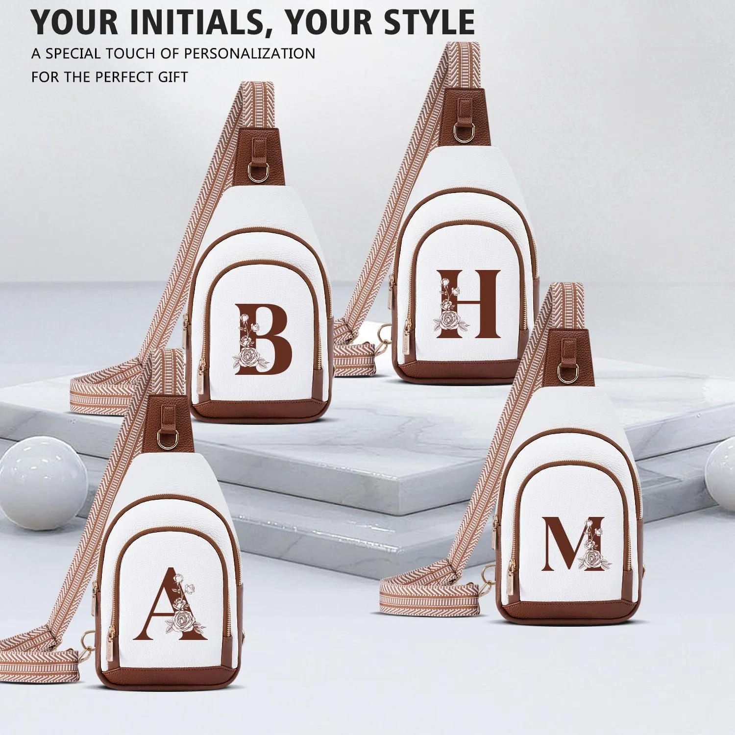 Initial Women Crossbody Bag Sling Shoulder Purse Fanny Pack Side Cross Body Small Leather Backpack Belt Wedding Bridal Bachelorette Engaged Valentines Day 1 Year Anniversary Party Special Present