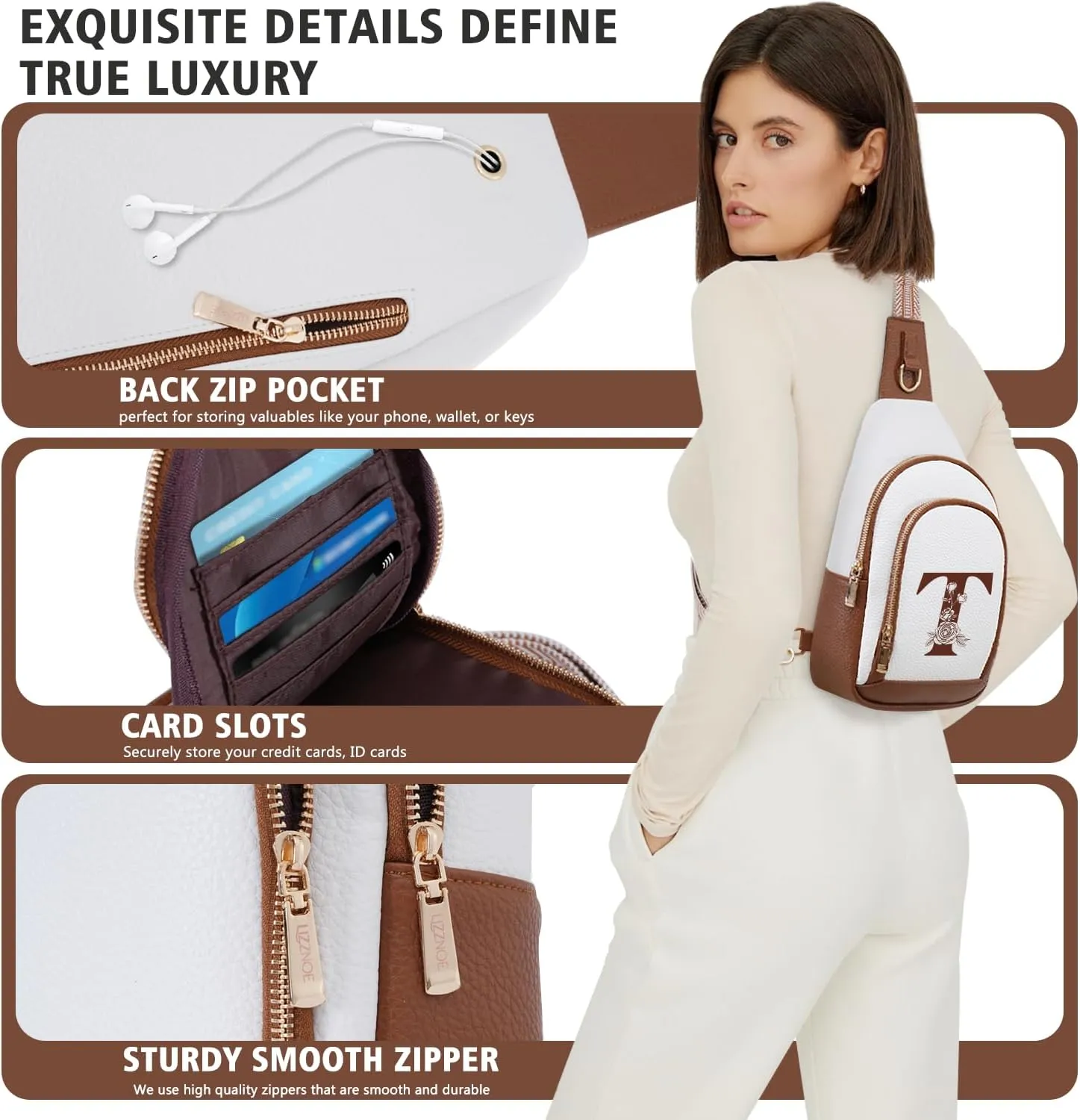 Initial Women Crossbody Bag Sling Shoulder Purse Fanny Pack Side Cross Body Small Leather Backpack Belt Wedding Bridal Bachelorette Engaged Valentines Day 1 Year Anniversary Party Special Present