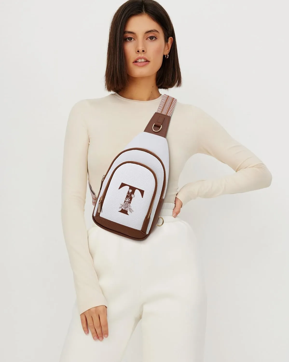 Initial Women Crossbody Bag Sling Shoulder Purse Fanny Pack Side Cross Body Small Leather Backpack Belt Wedding Bridal Bachelorette Engaged Valentines Day 1 Year Anniversary Party Special Present