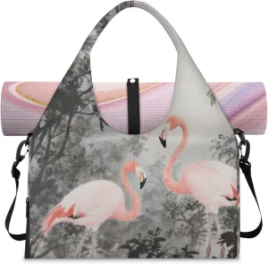 Ink Painting Flamingo Women's Yoga Gym Bag - Adjustable shoulder strap with shoe compartment, large gym bag with multiple pockets for yoga mat, gym equipment and travel accessories