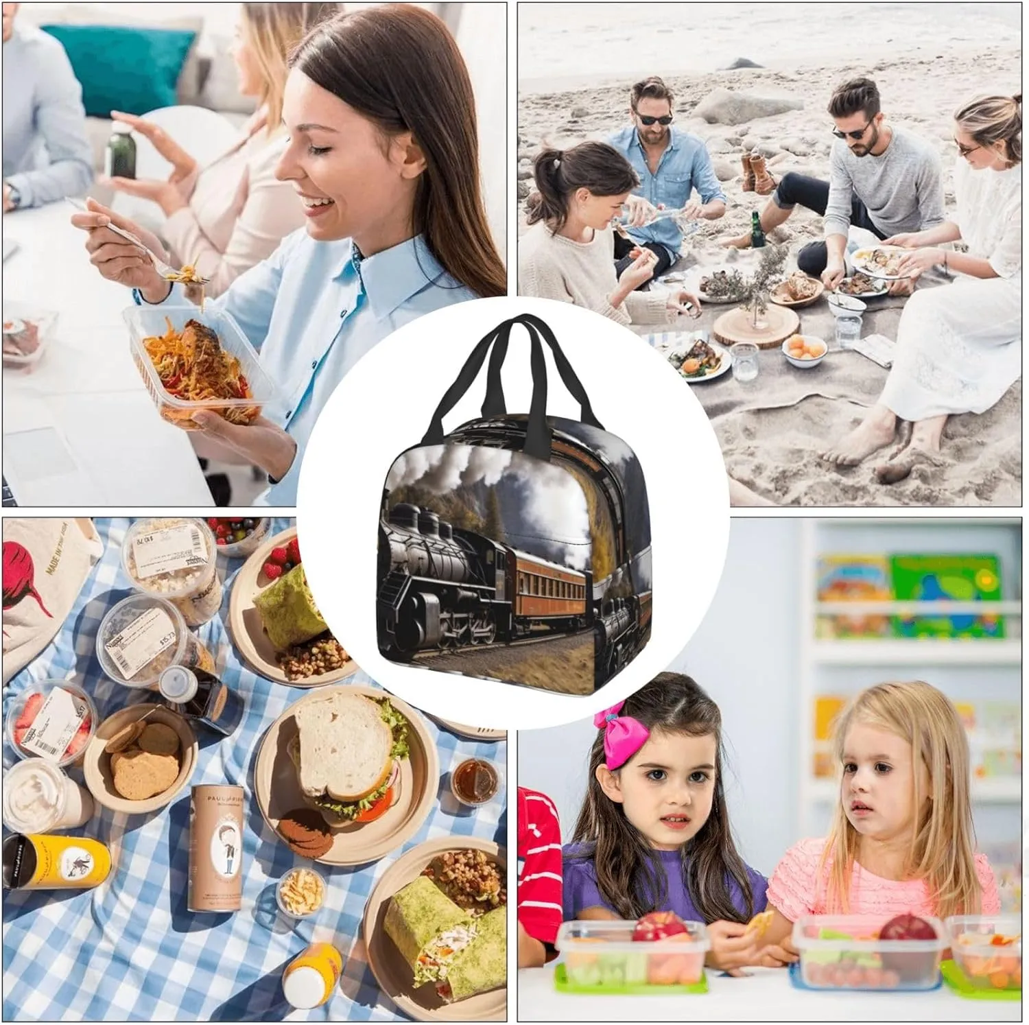 Insulated Lunch Bag for Women Men Steam Locomotive Train_76680229 Lunch Box Reusable Lunch Tote Bag for Work Picnic Travel