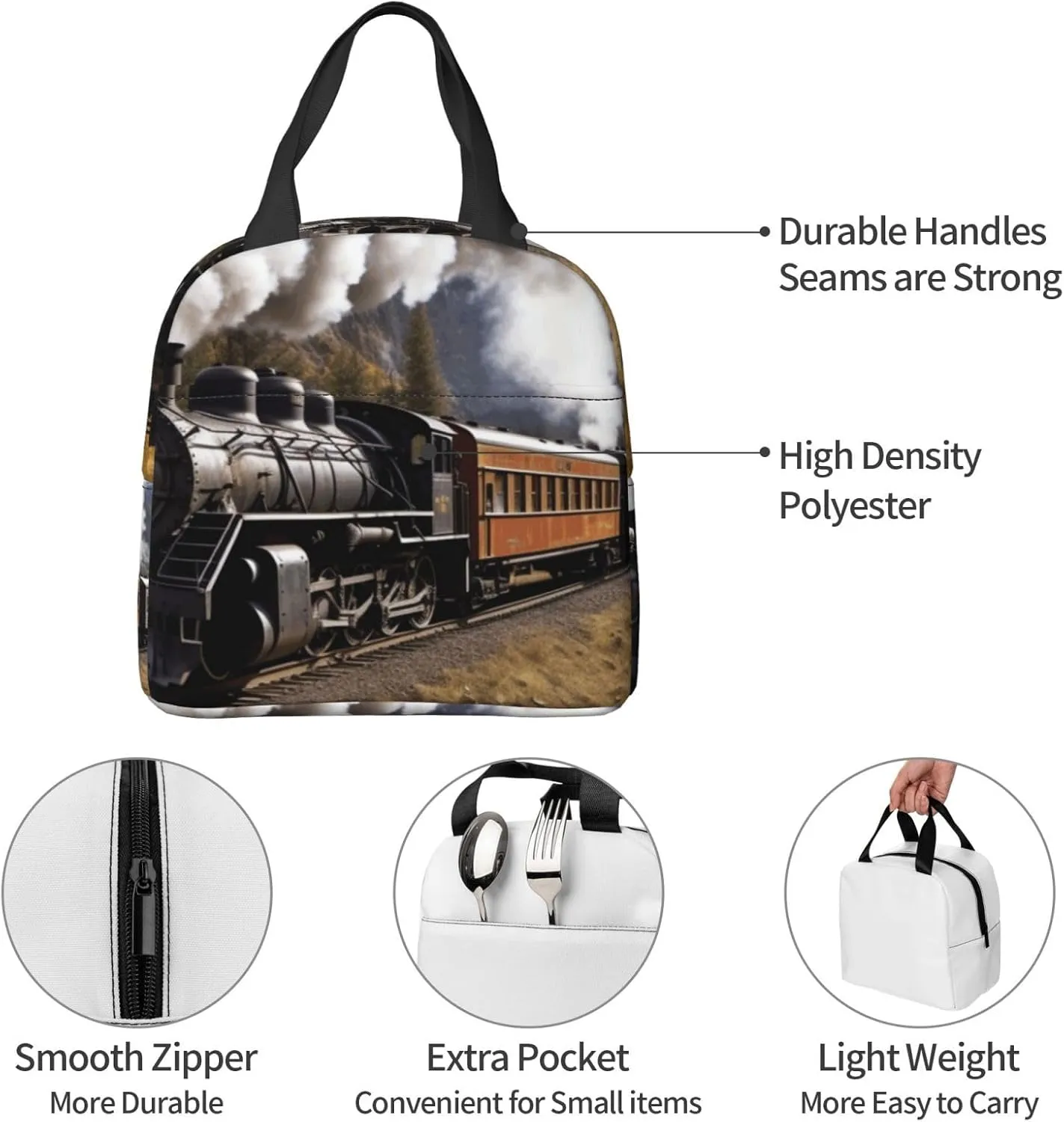 Insulated Lunch Bag for Women Men Steam Locomotive Train_76680229 Lunch Box Reusable Lunch Tote Bag for Work Picnic Travel