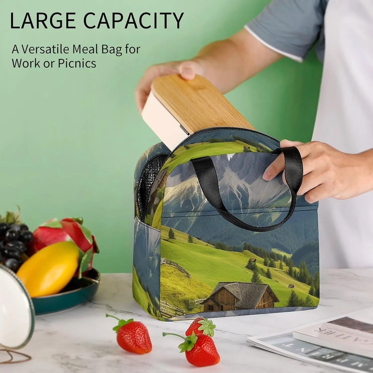 Insulated Lunch Bag Lunch Box for Woman Man Surrounded by Mountains Lunchbox Lunch Tote Bag for Work