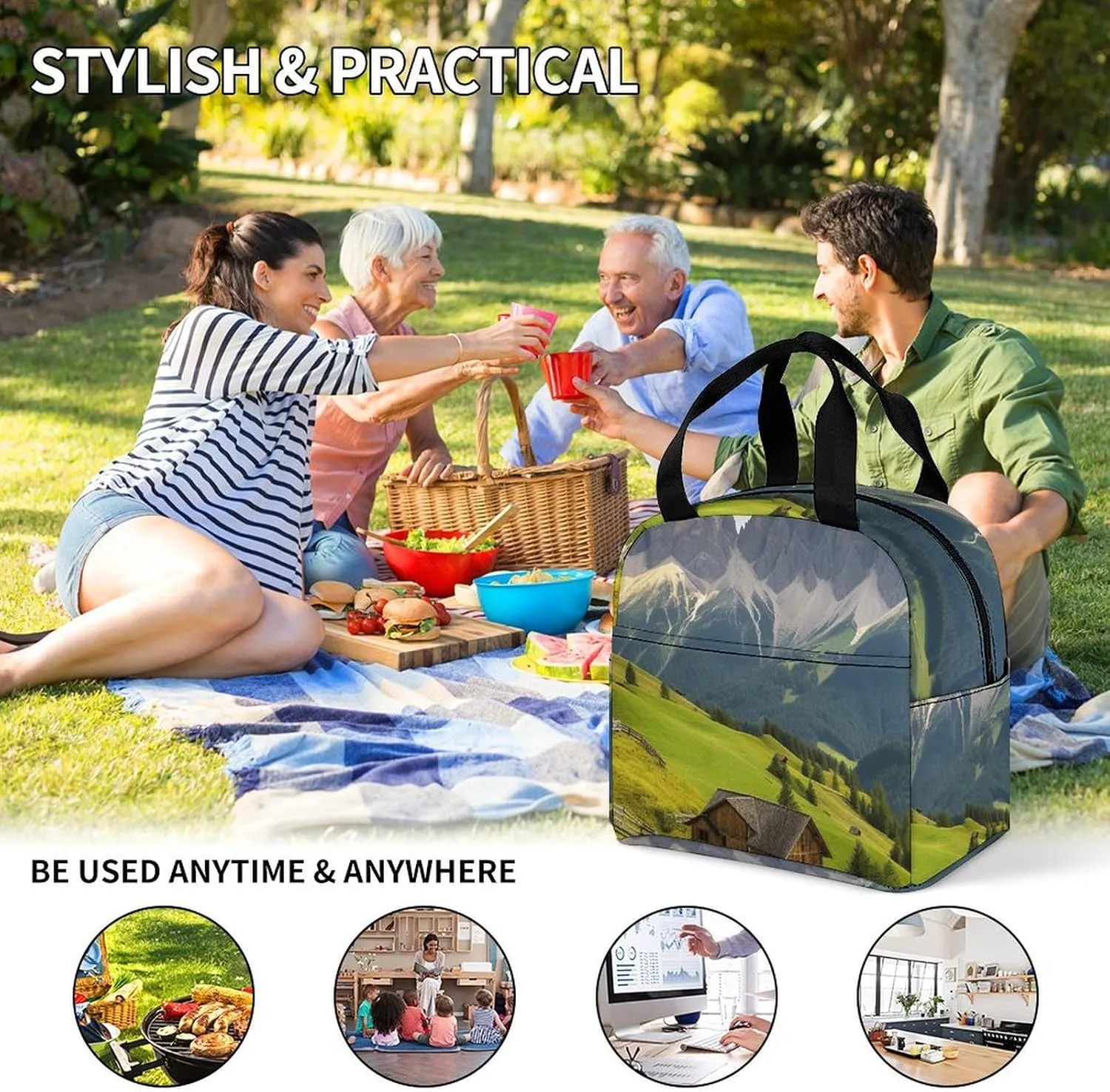 Insulated Lunch Bag Lunch Box for Woman Man Surrounded by Mountains Lunchbox Lunch Tote Bag for Work