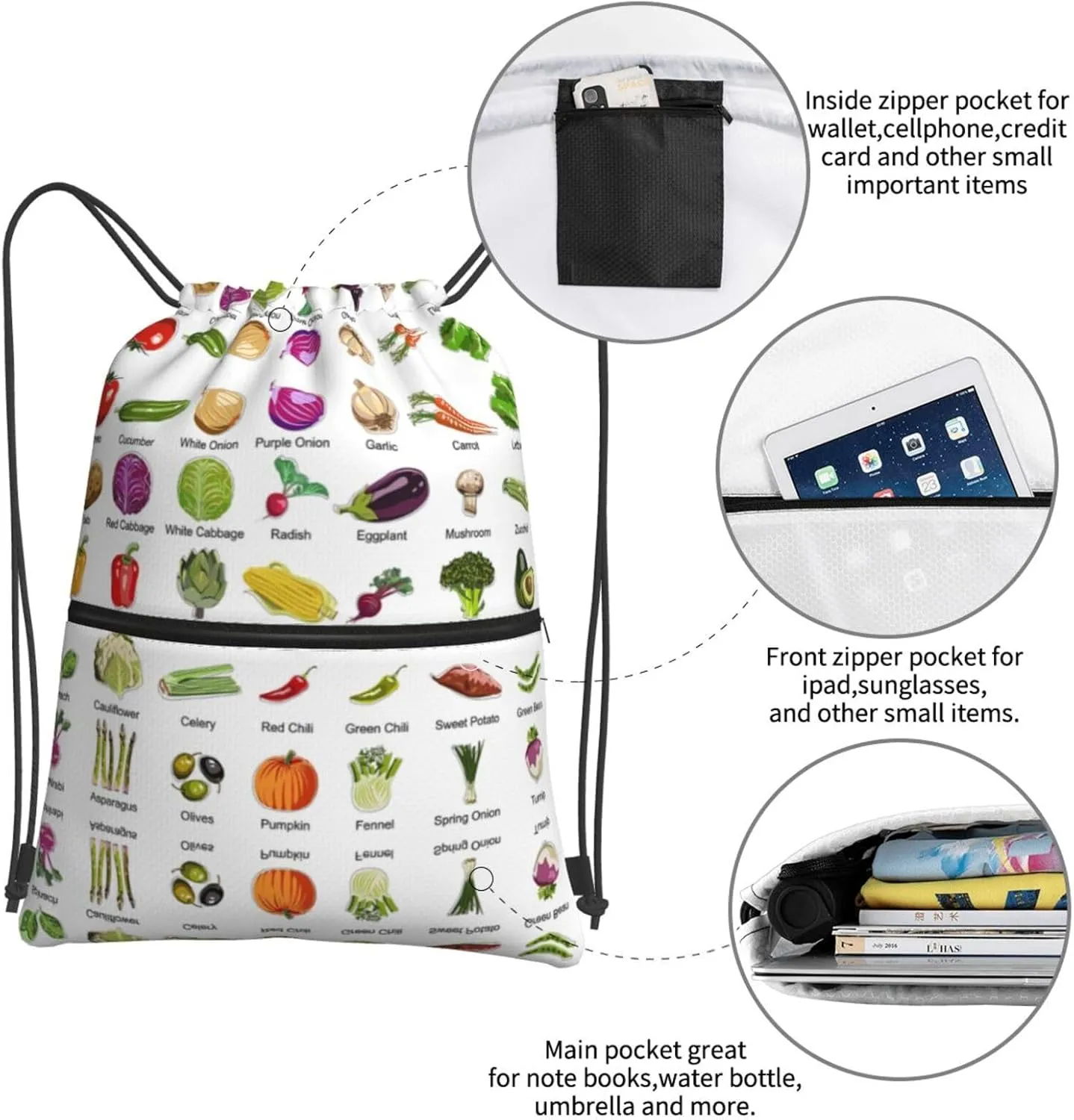 Introduction Of Various Vegetables Drawstring Gym Bag Sports String Backpack For Beach Picnic, Family Outing
