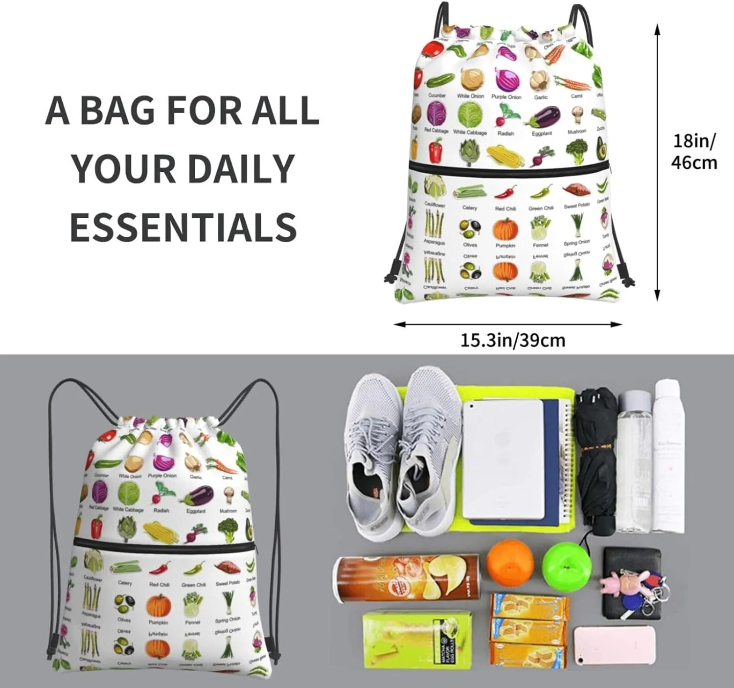 Introduction Of Various Vegetables Drawstring Gym Bag Sports String Backpack For Beach Picnic, Family Outing