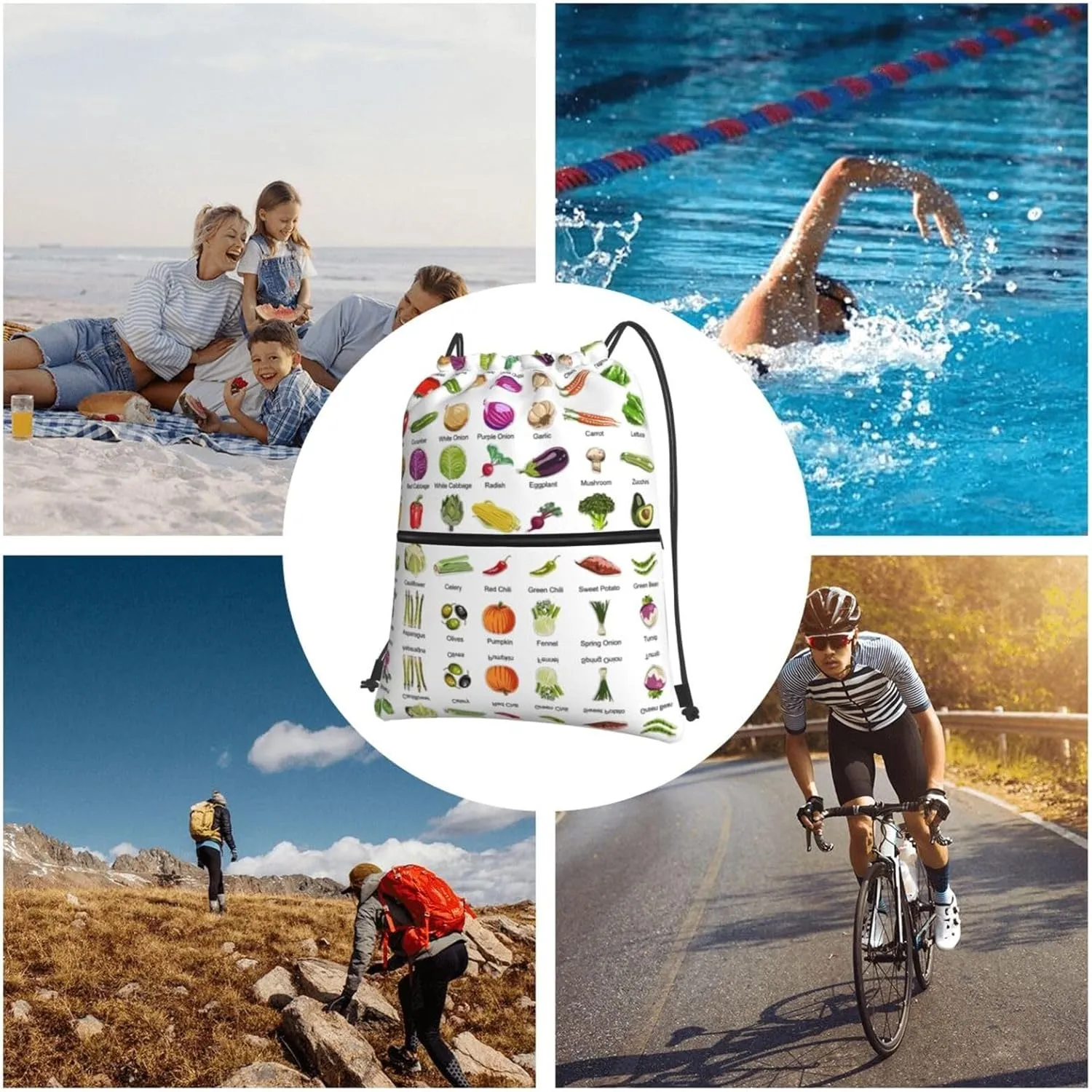 Introduction Of Various Vegetables Drawstring Gym Bag Sports String Backpack For Beach Picnic, Family Outing