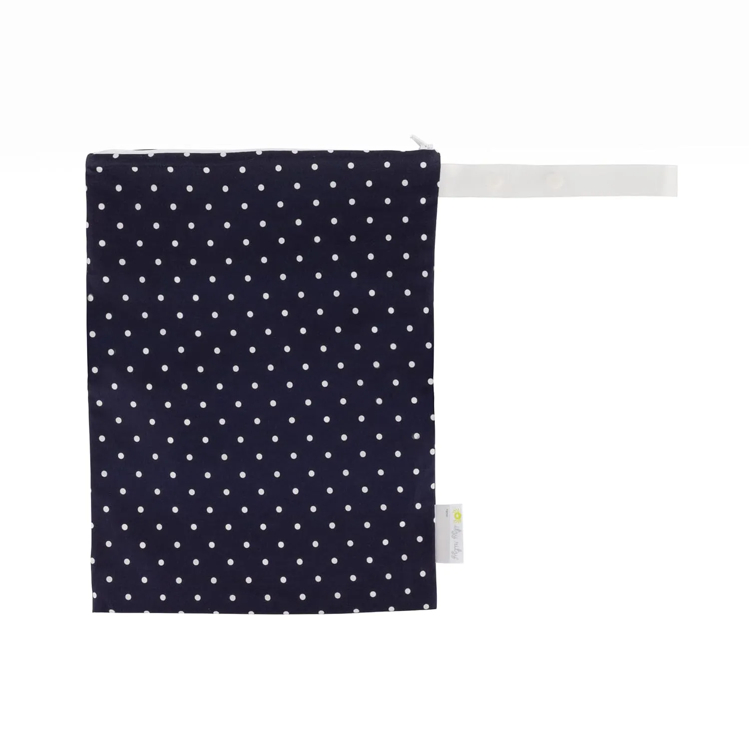 Itzy Ritzy Sealed Wet Bag with Handle – Wet Bag for Travel, Swimsuits, Cloth Diapers, Gym Clothes & Toiletries - Washable & Reusable with Water Resistant Lining - Measures 11” x 14” (Navy Dots)