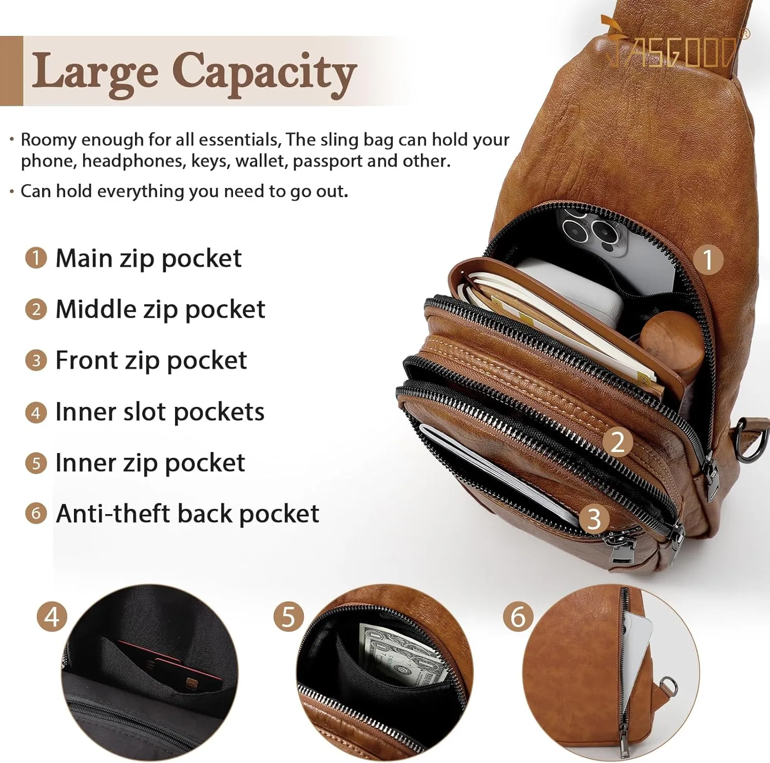 JASGOOD Anti Theft Small Sling Bag for Women Leather Fanny Packs Crossbody Bags Trendy Anti-Theft Sling Purse for Travel