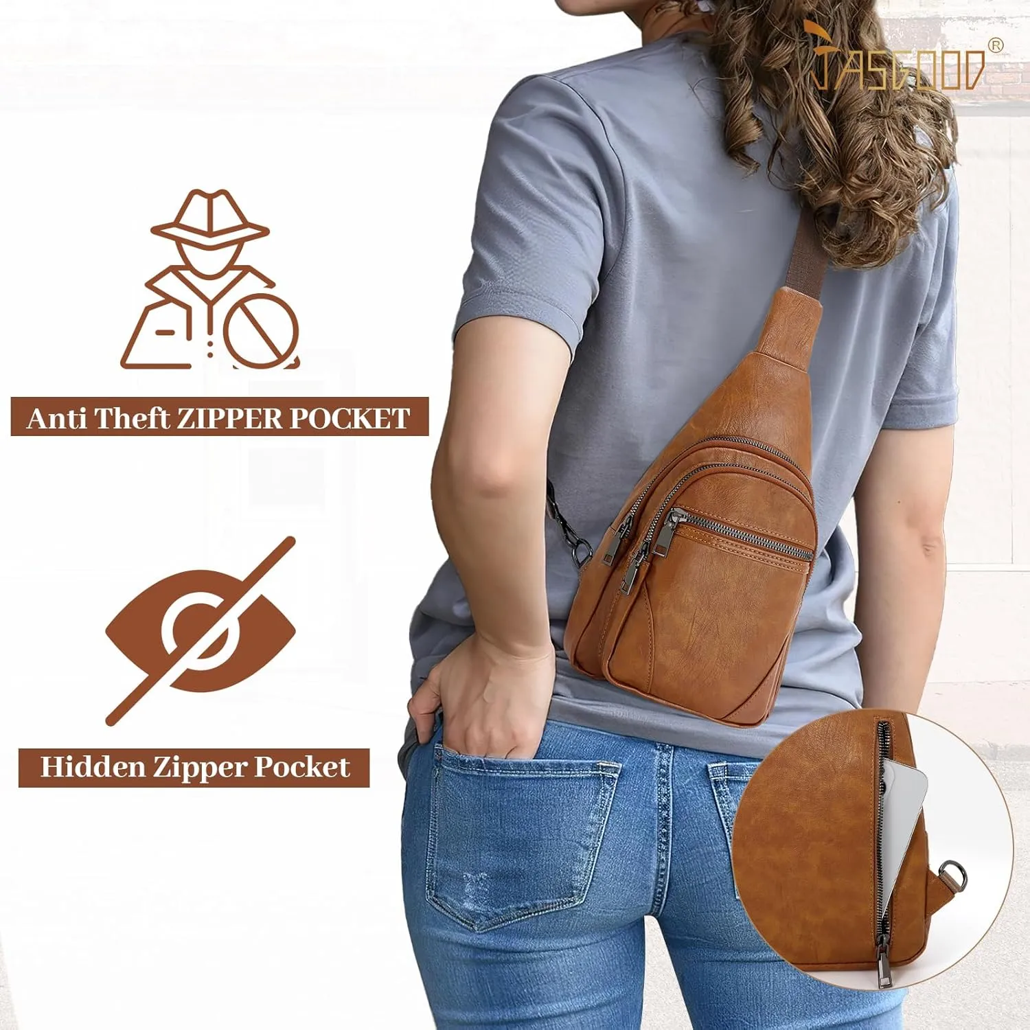 JASGOOD Anti Theft Small Sling Bag for Women Leather Fanny Packs Crossbody Bags Trendy Anti-Theft Sling Purse for Travel