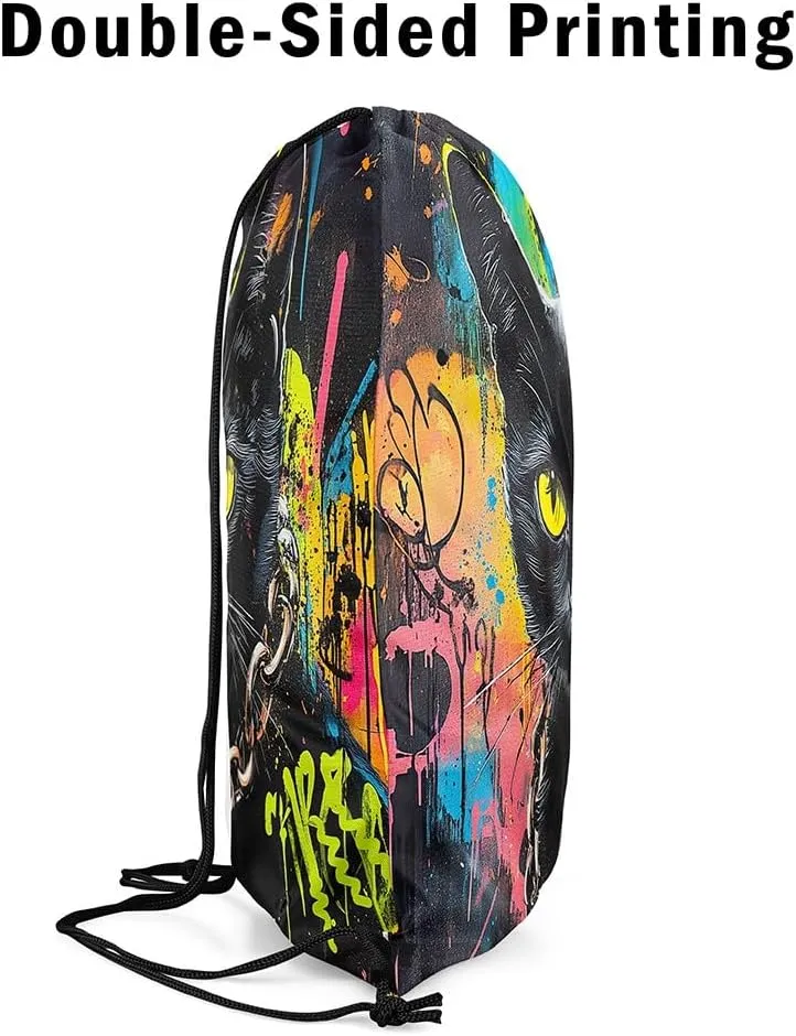 jejeloiu Black Cat Drawstring Backpack 13"x15.7" Cats Print Tie Dye Sports Gym String Bag Cute Kitten Watercolor Drawstring Bags Animal Waterproof Cinch Bag Cat Lover's Gift Sports Drawstring Sackpack
