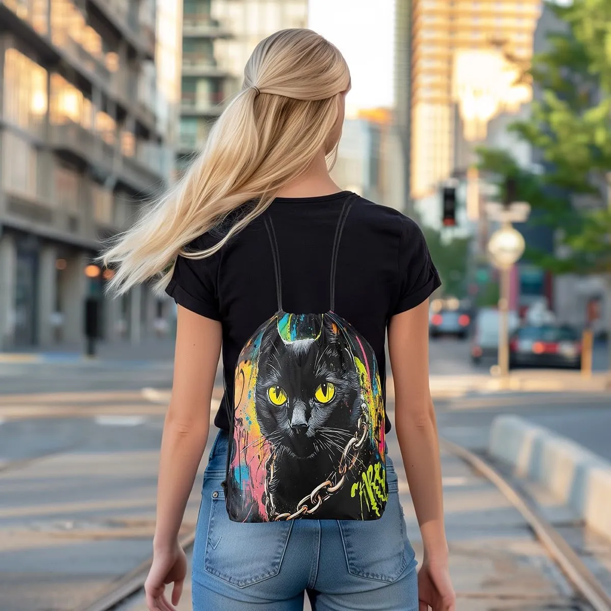 jejeloiu Black Cat Drawstring Backpack 13"x15.7" Cats Print Tie Dye Sports Gym String Bag Cute Kitten Watercolor Drawstring Bags Animal Waterproof Cinch Bag Cat Lover's Gift Sports Drawstring Sackpack