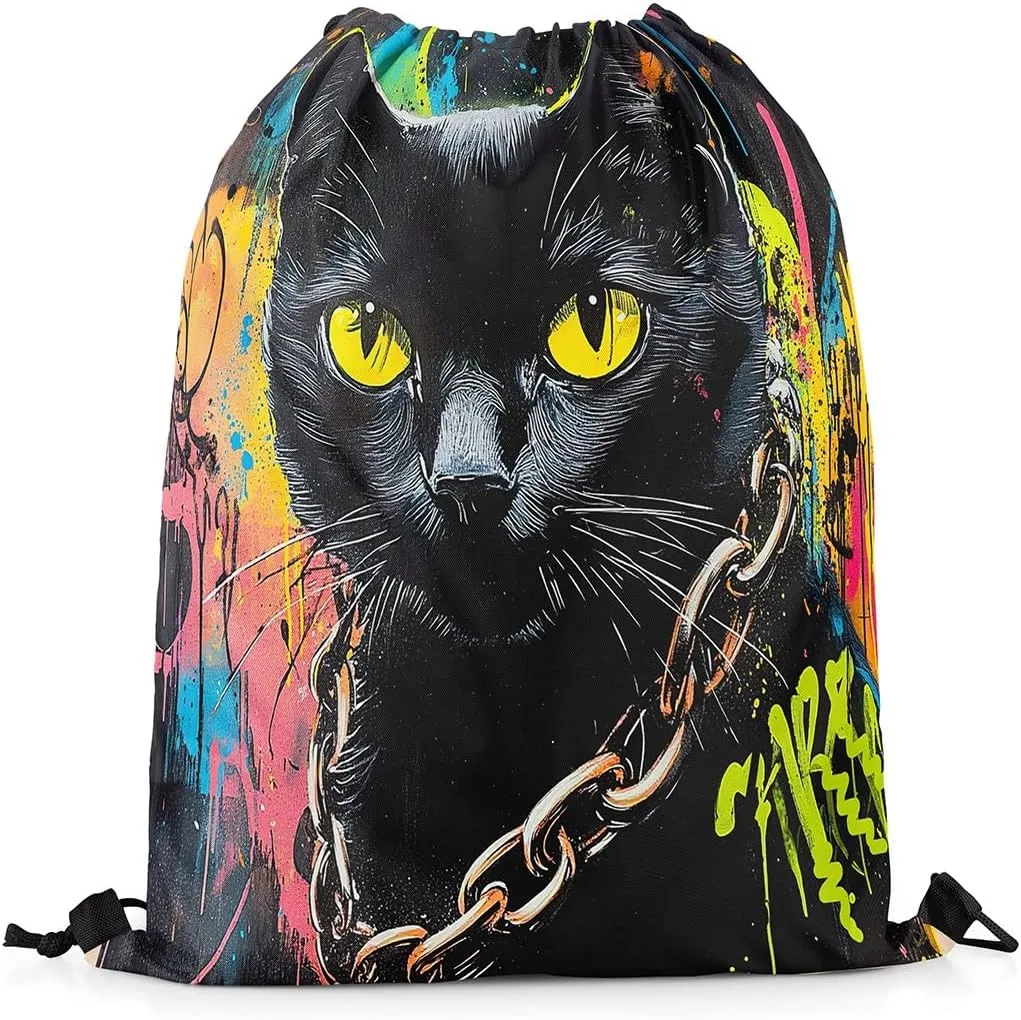 jejeloiu Black Cat Drawstring Backpack 13"x15.7" Cats Print Tie Dye Sports Gym String Bag Cute Kitten Watercolor Drawstring Bags Animal Waterproof Cinch Bag Cat Lover's Gift Sports Drawstring Sackpack