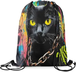 jejeloiu Black Cat Drawstring Backpack 13"x15.7" Cats Print Tie Dye Sports Gym String Bag Cute Kitten Watercolor Drawstring Bags Animal Waterproof Cinch Bag Cat Lover's Gift Sports Drawstring Sackpack