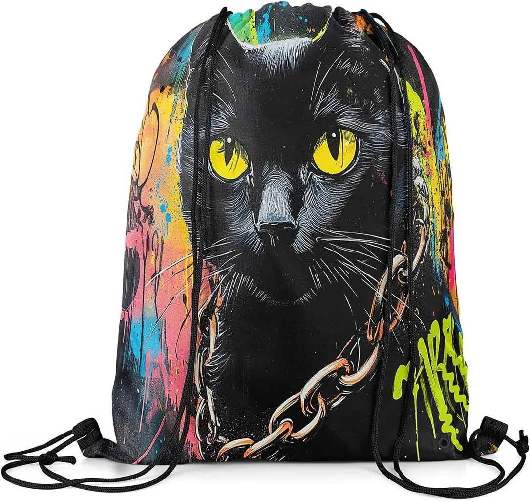 jejeloiu Black Cat Drawstring Backpack 13"x15.7" Cats Print Tie Dye Sports Gym String Bag Cute Kitten Watercolor Drawstring Bags Animal Waterproof Cinch Bag Cat Lover's Gift Sports Drawstring Sackpack