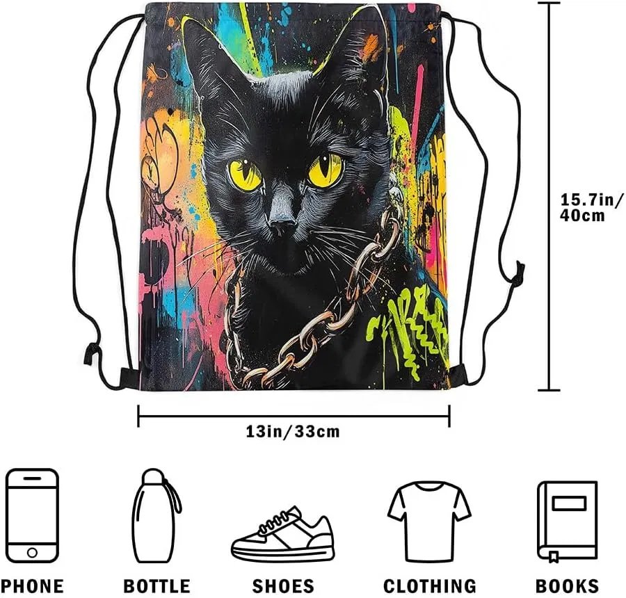 jejeloiu Black Cat Drawstring Backpack 13"x15.7" Cats Print Tie Dye Sports Gym String Bag Cute Kitten Watercolor Drawstring Bags Animal Waterproof Cinch Bag Cat Lover's Gift Sports Drawstring Sackpack