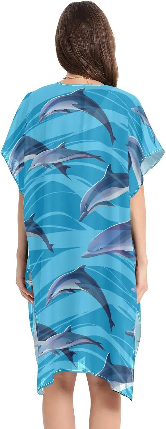 Jumping Sea Blue Fish Beach Cover Ups Long Summer Cardigans Kimonos Swimsuit Cover Up for Women Boho,s