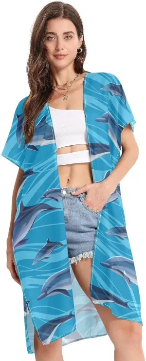 Jumping Sea Blue Fish Beach Cover Ups Long Summer Cardigans Kimonos Swimsuit Cover Up for Women Boho,s