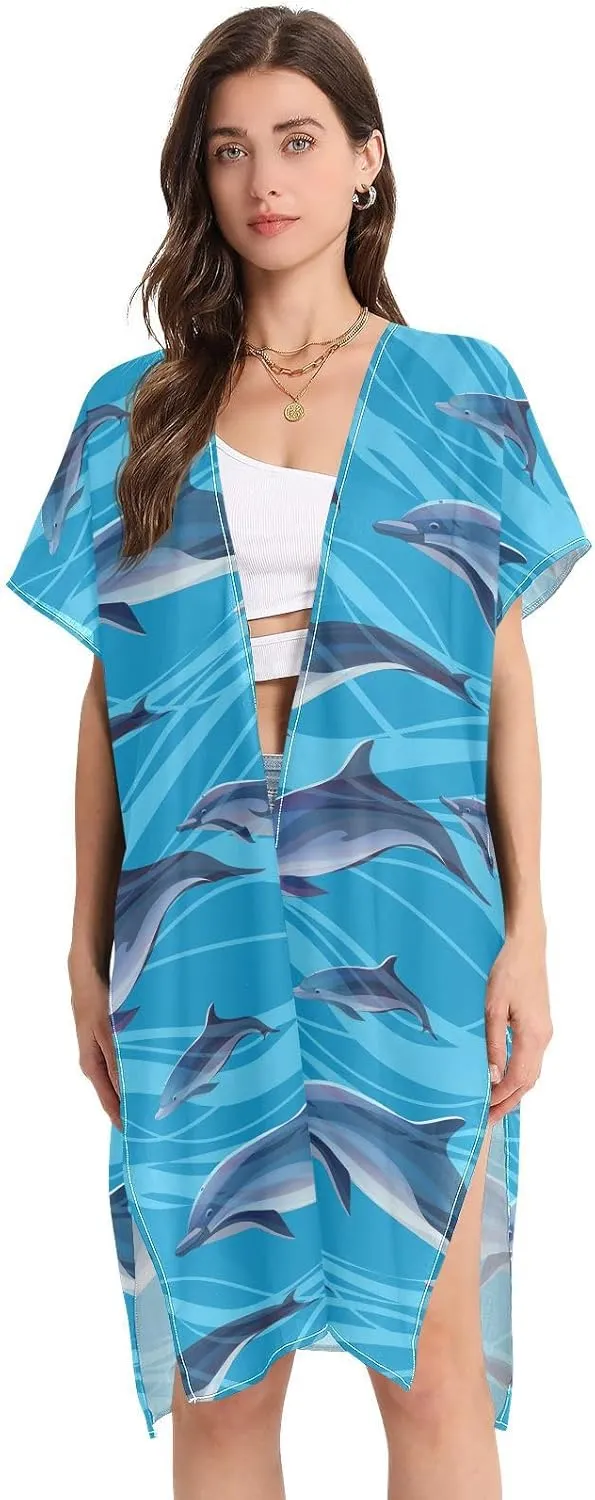 Jumping Sea Blue Fish Beach Cover Ups Long Summer Cardigans Kimonos Swimsuit Cover Up for Women Boho,s