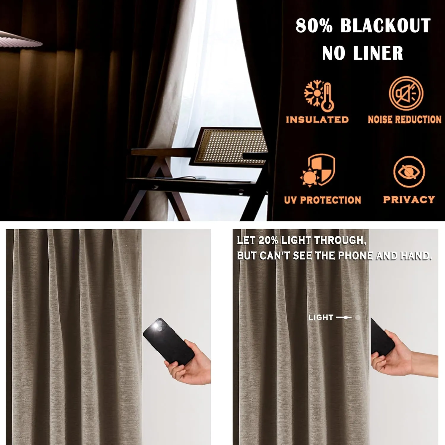 Kayne Studio Back Tab Velvet Pinch Pleated Curtains 84 Inch Long,Room Darkening Thermal Insulated Noise Reducing Window Treatments Drapes for Living Room, Mocha Tan,22 Hooks,2 Panels,38" x 84"