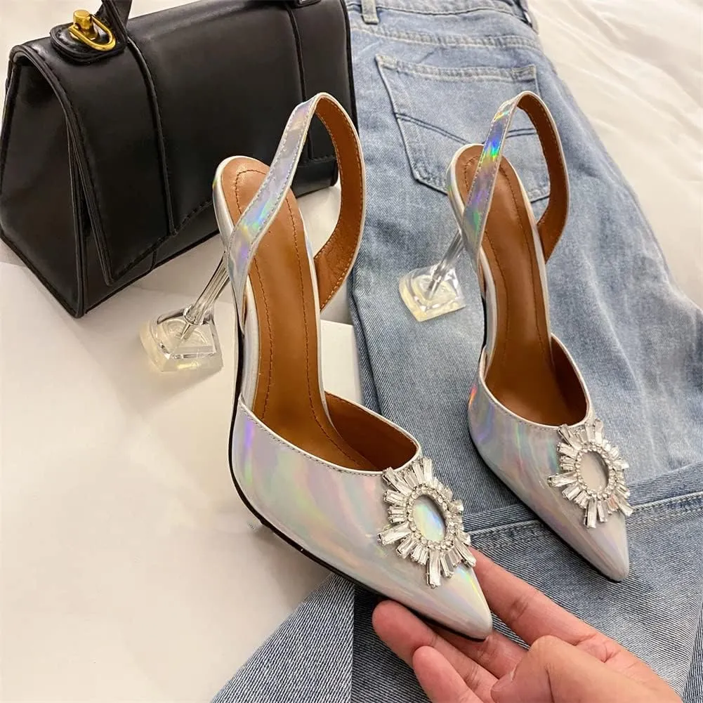keleimusi Women's Satin Pumps High Heel Sandals Slip On Sexy Closed Toe Crystal Slingback Pumps Wedding Party Summer Shoes