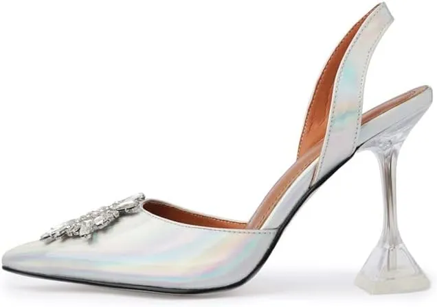 keleimusi Women's Satin Pumps High Heel Sandals Slip On Sexy Closed Toe Crystal Slingback Pumps Wedding Party Summer Shoes