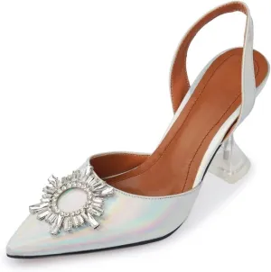 keleimusi Women's Satin Pumps High Heel Sandals Slip On Sexy Closed Toe Crystal Slingback Pumps Wedding Party Summer Shoes