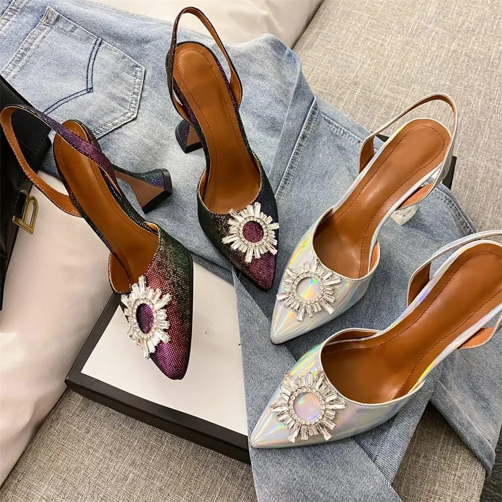 keleimusi Women's Satin Pumps High Heel Sandals Slip On Sexy Closed Toe Crystal Slingback Pumps Wedding Party Summer Shoes
