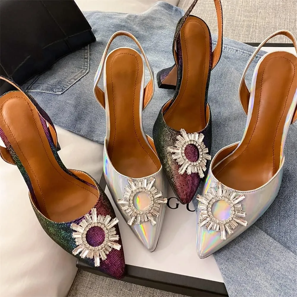 keleimusi Women's Satin Pumps High Heel Sandals Slip On Sexy Closed Toe Crystal Slingback Pumps Wedding Party Summer Shoes