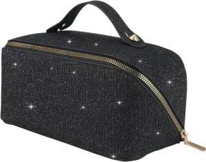 KEYPOWER Large Capacity Glitter Sequin Cosmetic Bag Travel Makeup Bag Sparkly and Shiny Portable Toiletry Bag with Handle for Women (Black)