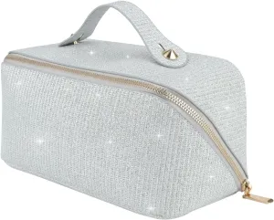 KEYPOWER Large Capacity Glitter Sequin Cosmetic Bag Travel Makeup Bag Sparkly and Shiny Portable Toiletry Bag with Handle for Women (Silver)