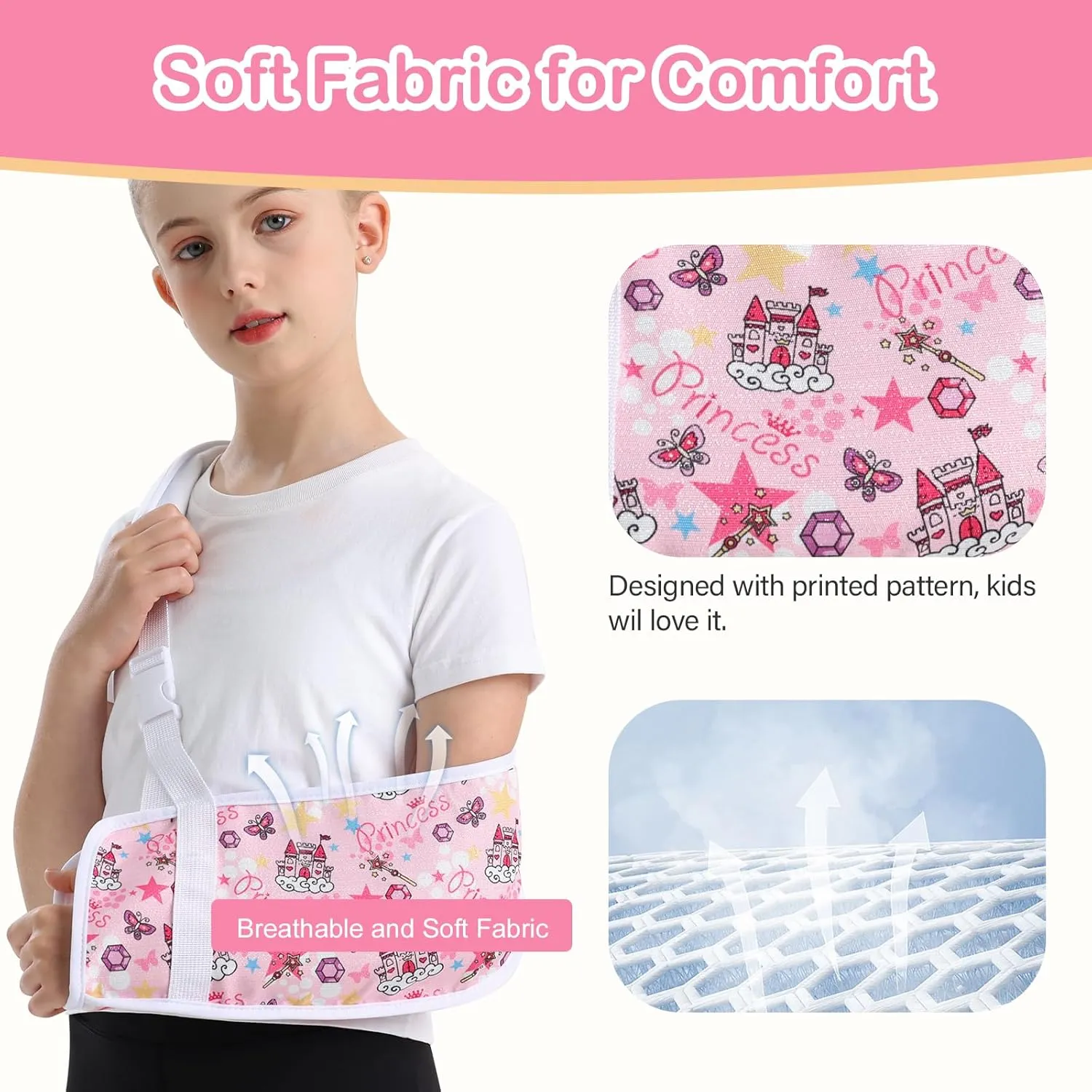 Kids Arm Sling for Broken Arm Torn Rotator Cuff Shoulder Elbow Wrist injury Printed Pediatric Child Toddler Brace Support for Children Girls with Princess (Pink, Small)