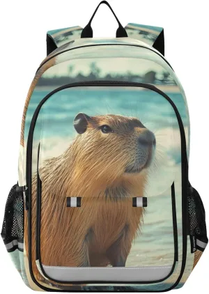 Kids Backpack Beach Capybara Print for Girls Boys, School Bag Bookbag for Travel Hiking with Reflective Strip Multiple Pockets Large Capacity
