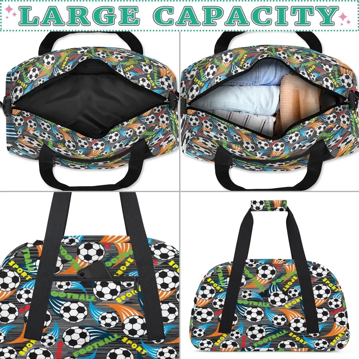 Kids Overnighter Duffel Bags for Boys Girls, Soccer Carry-On Size Sports Gym Bag for School Practice or Overnight Travel Weekender Sleepover Workout Tote Bag