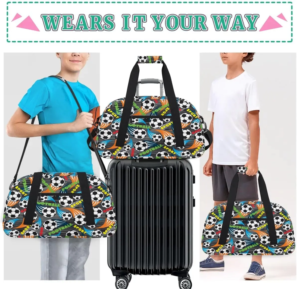 Kids Overnighter Duffel Bags for Boys Girls, Soccer Carry-On Size Sports Gym Bag for School Practice or Overnight Travel Weekender Sleepover Workout Tote Bag